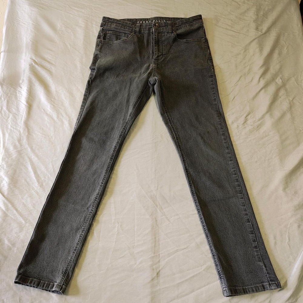 Perry Ellis Mens Skinny Fit Stretch Jeans Faded Gray Acid Black Wash 29x28